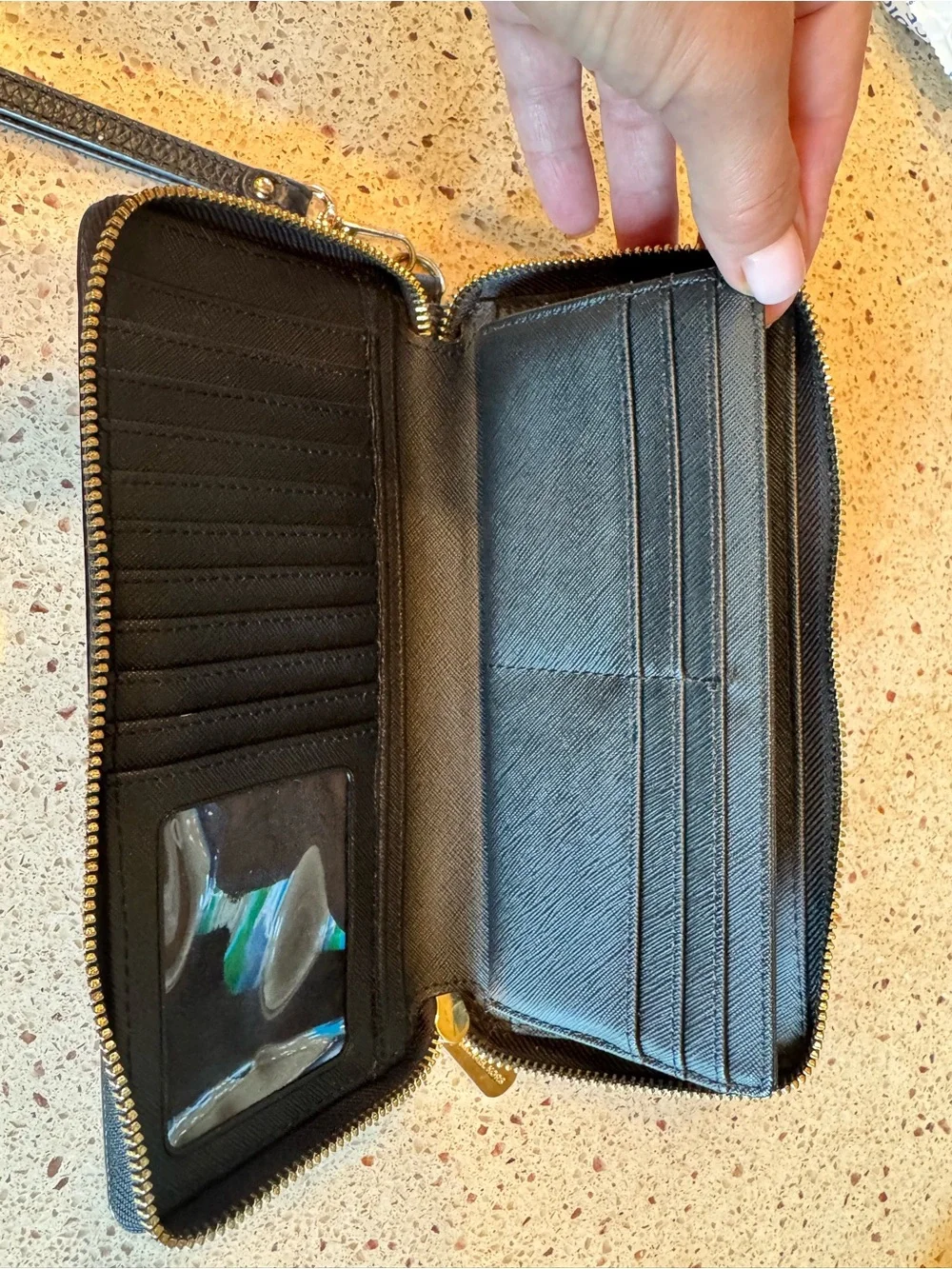 Michael Kors Black Pebbled Leather Wristlet Wallet with Gold Logo